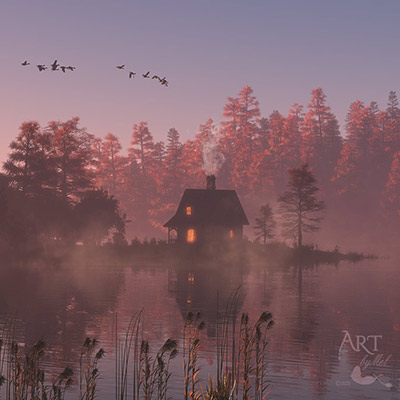 A fall landscape at sunset with a cabin in the woods at the edge of a lake. .