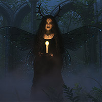 A beautiful dark faerie holding a candle to light the way..