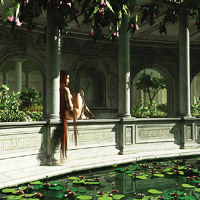 a muse reclining by her garden pond