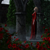 A lush vision of a woman in a Gothic style garden under the light of the moon.