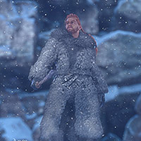 a warrior stands in the falling snow, alert and watchful